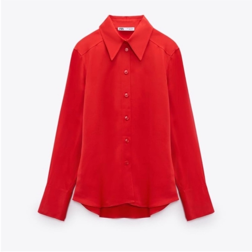 Zara Red Satin Effect Shirt Blouse Sz Lg NWT